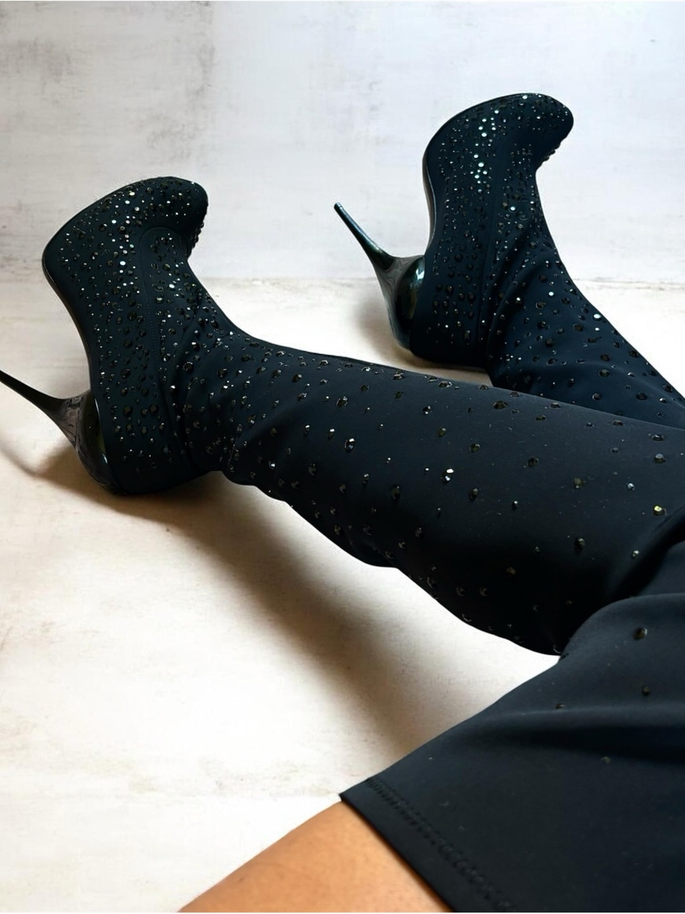 Roberto Cavalli Black Crystal-Embellished Over-The-Knee Stiletto Boots